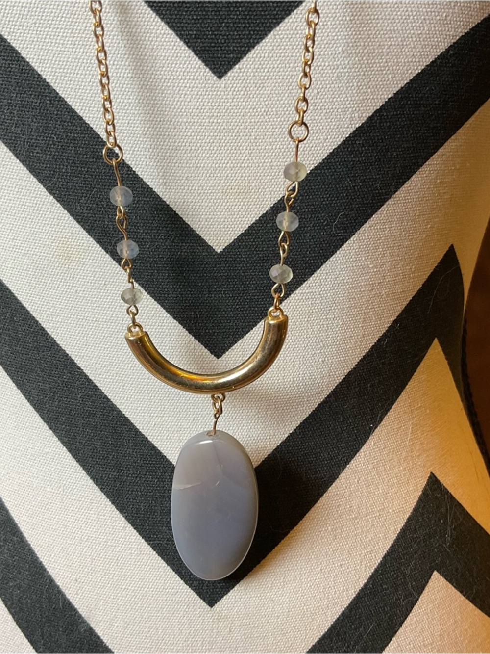 Gold Long Pendant Necklace with Gray Stone long layering